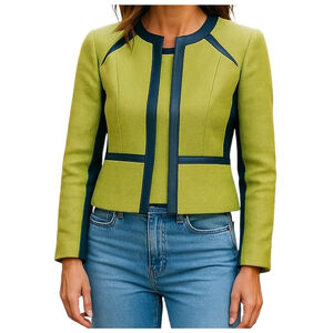 Anne Klein Green Blue Tweed Colorblock Zip Front Blazer Tailored Luxury SIZE 8